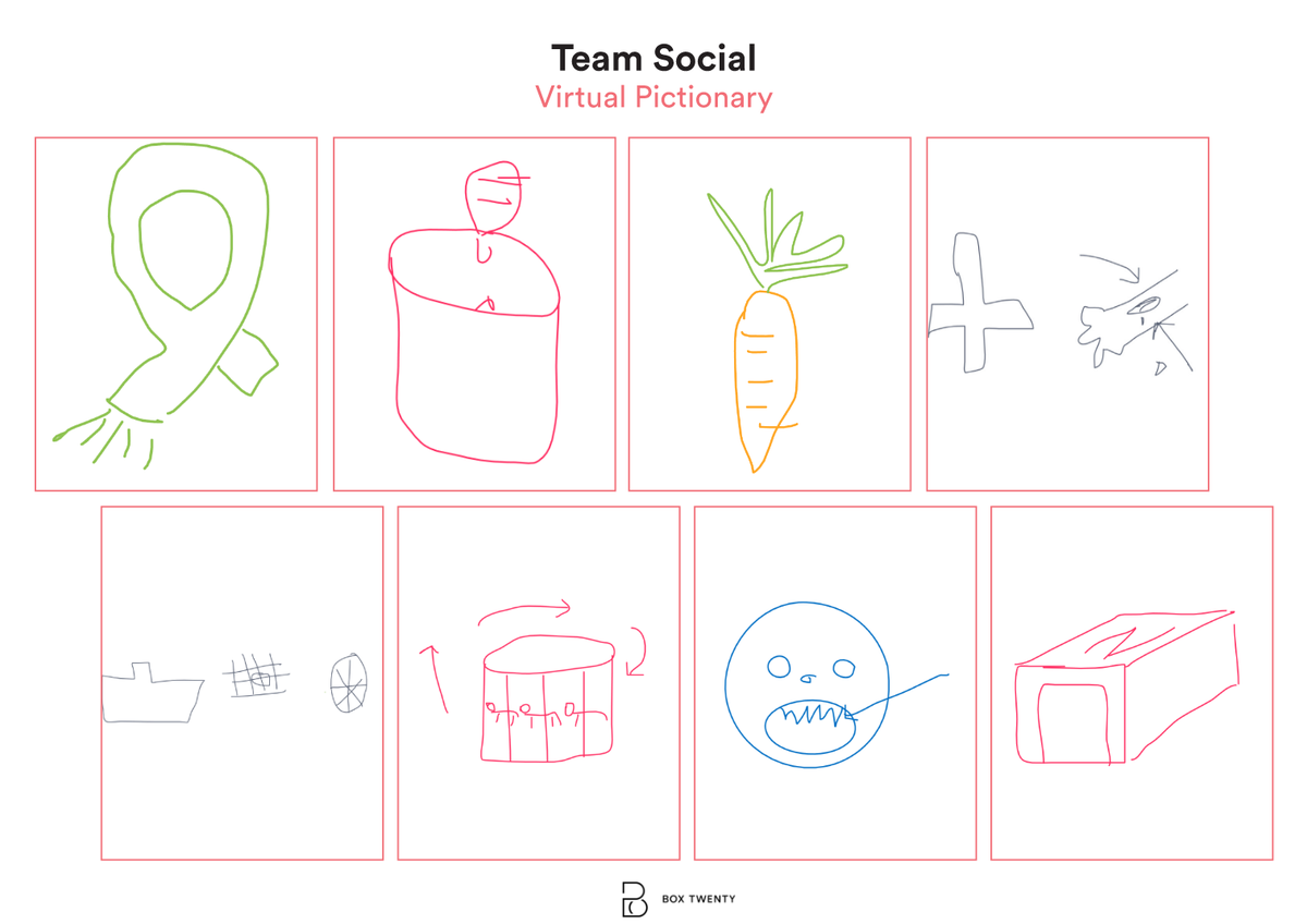_BoxTwenty's tweet photo. Last night we tested out our online drawing skills and played #virtualpictionary as our #TeamSocial. Don't worry - our #engineering sketches are slightly more professional! Can you guess from the selection below what some of our random words were? #DreamTeam https://t.co/HAXj38s5v1