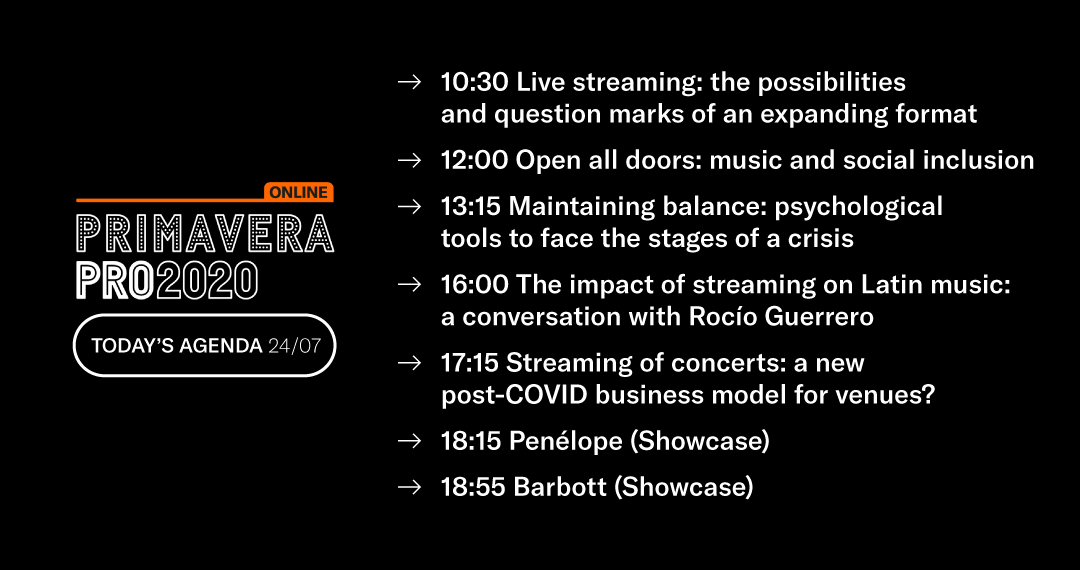PrimaveraPro's tweet photo. Kicking off the last day of #PRO2020 with talks about the future -and opacities- of live streaming, projects that open spaces for people at risk of exclusion and the impact of Latin music. We will close with showcases by Penelope and Barbott! Join us at https://t.co/YytcerDKA0 https://t.co/fJOwrgUwyn