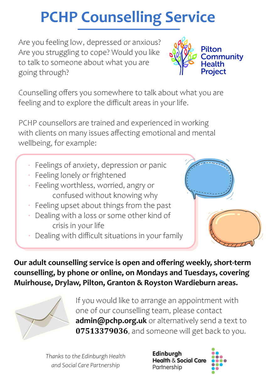 PiltonComHealth's tweet photo. Need to talk to someone? Our counselling waiting list is still open. We offer weekly, short term counselling over Zoom or phone.

Get in touch by emailing admin@pchp.org.uk or texting 07513 379 036.

Find out more about this &amp; other support on our website: https://t.co/mGsHaJthSQ https://t.co/gbGCjnIslR