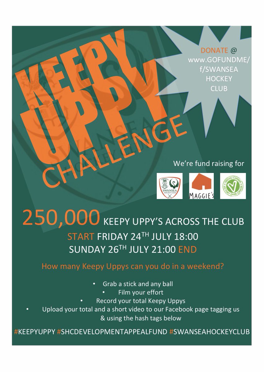 🏑KEEP UPPPY CHALLENGE🏑

Swansea Hockey Clubs Keepy Uppy Challenge starts TODAY at 6PM!

Here are some of the prizes up for grabs:
🏑Best attempt by Junior Boy &amp; Girl
🏑Best attempt by U16 Boy &amp; U16 Girl
🏑Most keepy uppys done by senior 
🏑Whackiest attempt by senior