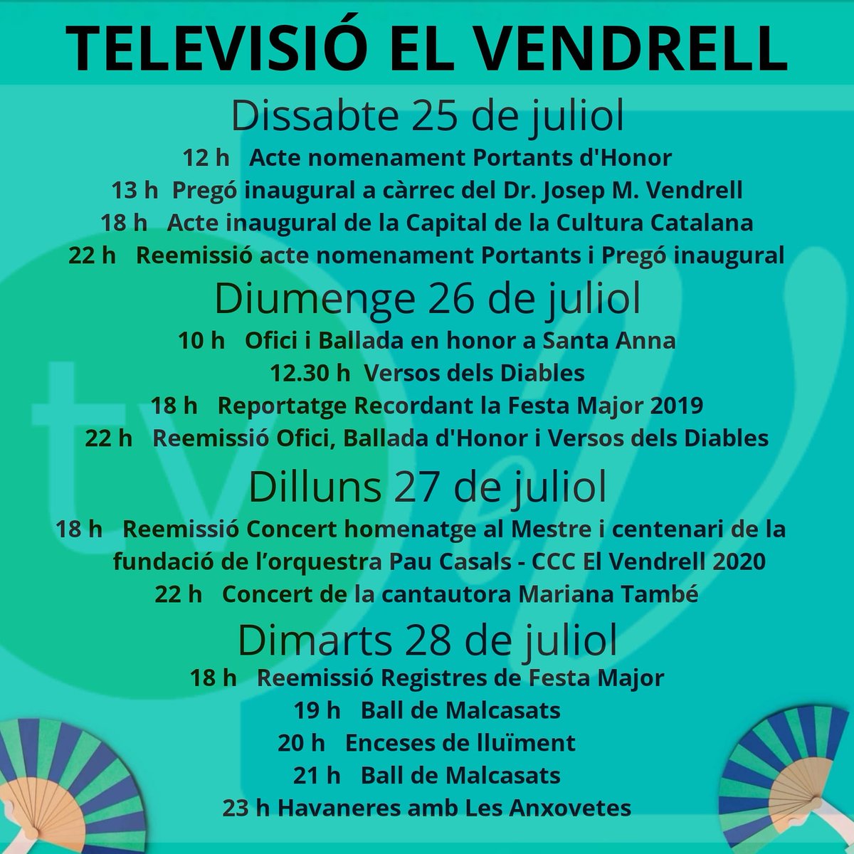 Podreu veure tots els actes de Festa Major per Televisió El Vendrell.

Els horaris els trobareu al programa de Festa Major.

En aquest enllaç trobareu un resum de tots els horaris.

@elvendrell_cat
@ElVendrell2020
@RTVEV

#FestaMajor #FM2020 #ElVendrell #elVdefesta