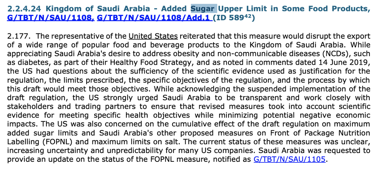 (8/n) The US trade lobby has also cited trade rule violations to oppose regulations seeking to limit sugar content of certain foods. See eg this extract from WTO meeting about Saudi-Arabia’s sugar limit (cc  @alikjones):