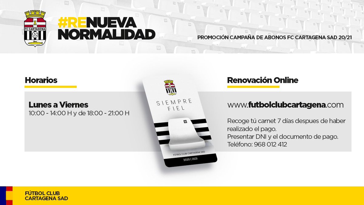 FCCartagena_efs's tweet photo. ¡Buenos días! 😃 

⚪️⚫️Recuerda que seguimos con la Campaña de Abonos 2020/21 ¡Consulta precios y horarios! #ReNuevaNormalidad 

📆Reserva de localidades de los abonados hasta el día 7 de agosto. https://t.co/eDhFhq2vn0