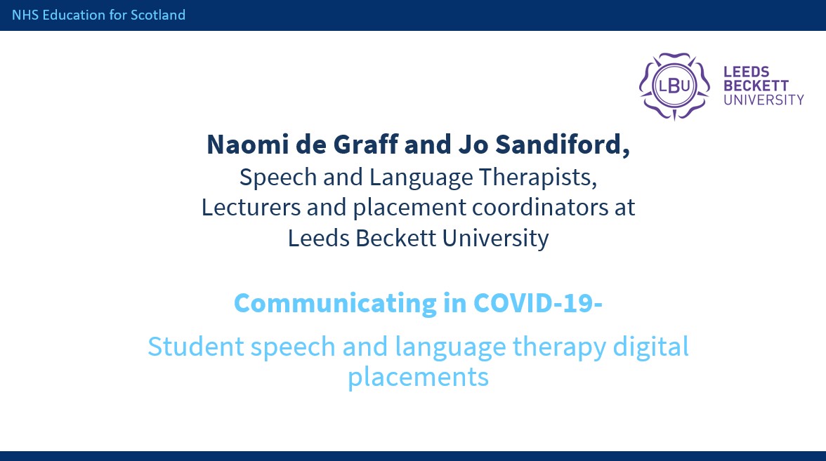 NESnmahp's tweet photo. We’re delighted to welcome Naomi de Graff &amp; Jo Sandiford from Leeds Beckett University who’ll share their experience of communicating in Covid19 with SLT students through digital placements

Follow them @SLTBeckett

#AHPPrBL #dNMAHP #rcsltlearn #HEE #AHPPlacements https://t.co/hRvirCfR5O