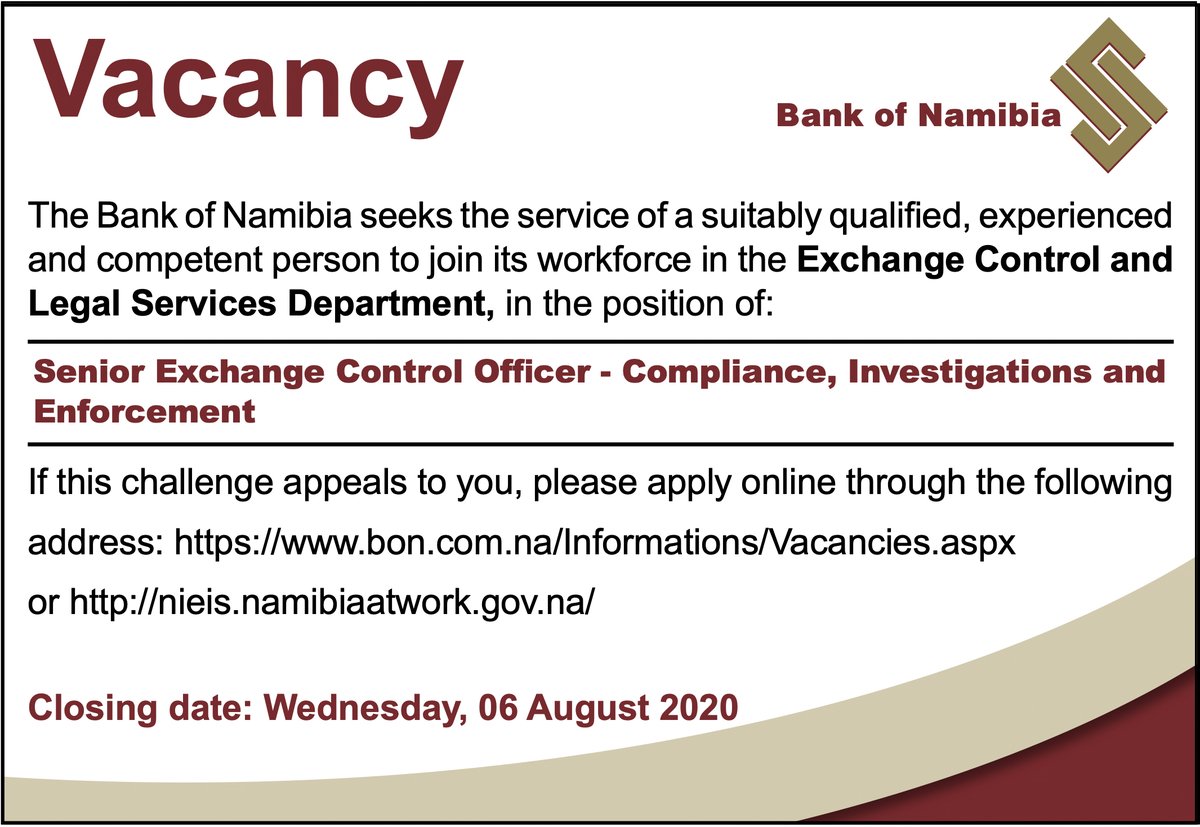 BankofNamibia's tweet photo. #VACANCY | The #BankofNamibia seeks the service of a suitably qualified, experienced and competent person to join its workforce in the position of:
 
Senior Exchange Control Officer – Compliance, Investigation and Enforcement
 
Apply here: https://t.co/wCJf9oaTzf https://t.co/zPCv6IqR1g