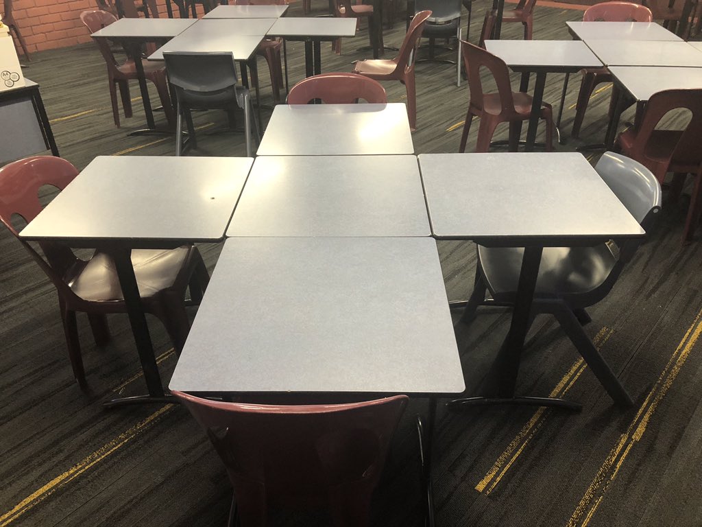 Desks separated in rows were not working.

I wanted the kids to be safe in their own space in the classroom but I needed them to to still be able to connect with their peers. I couldn’t easily make my way around the room with bags &amp; desks everywhere.

Came up with this.