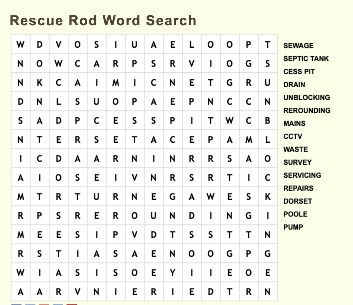 RescueRodGroup's tweet photo. Brighten your weekend, play Rescue Rod's online word search puzzle. https://t.co/8KIYhhIO9F #word #search #wordsearch #puzzle #game #sewage #septictank #dorset #poole #bournemouth https://t.co/Ha8n6PTbgF