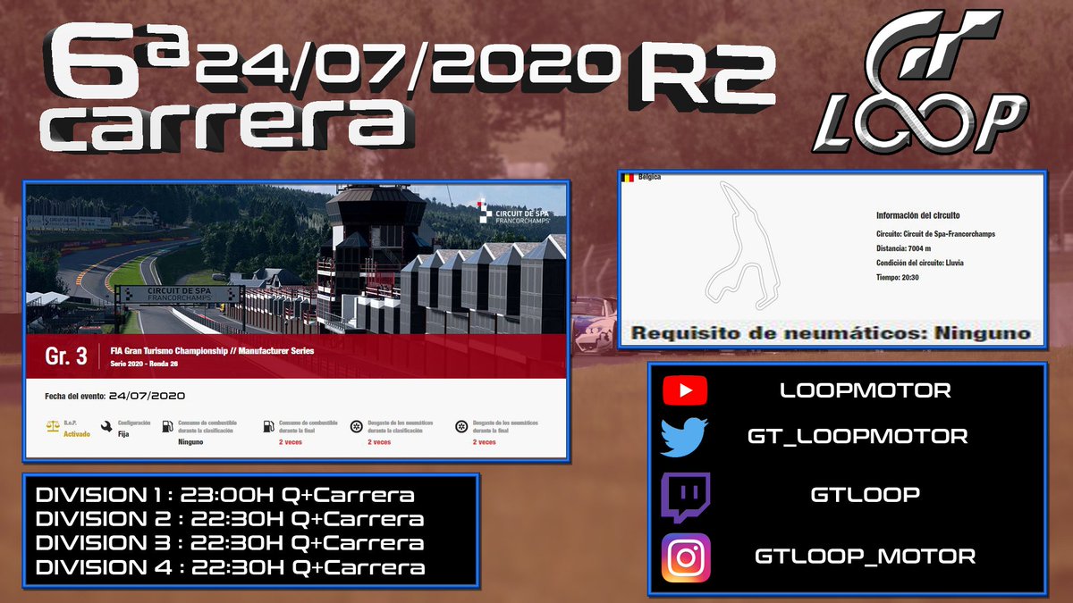gt_loopmotor's tweet photo. Ya esta aquí ya llego la 6° Carrera de la #GTLOOP2 , vamos #looperos que esta decide vuestro posicionamiento final.
En breve toda las clasificaciones de la ultima carrera. https://t.co/4YPTFtZsKU