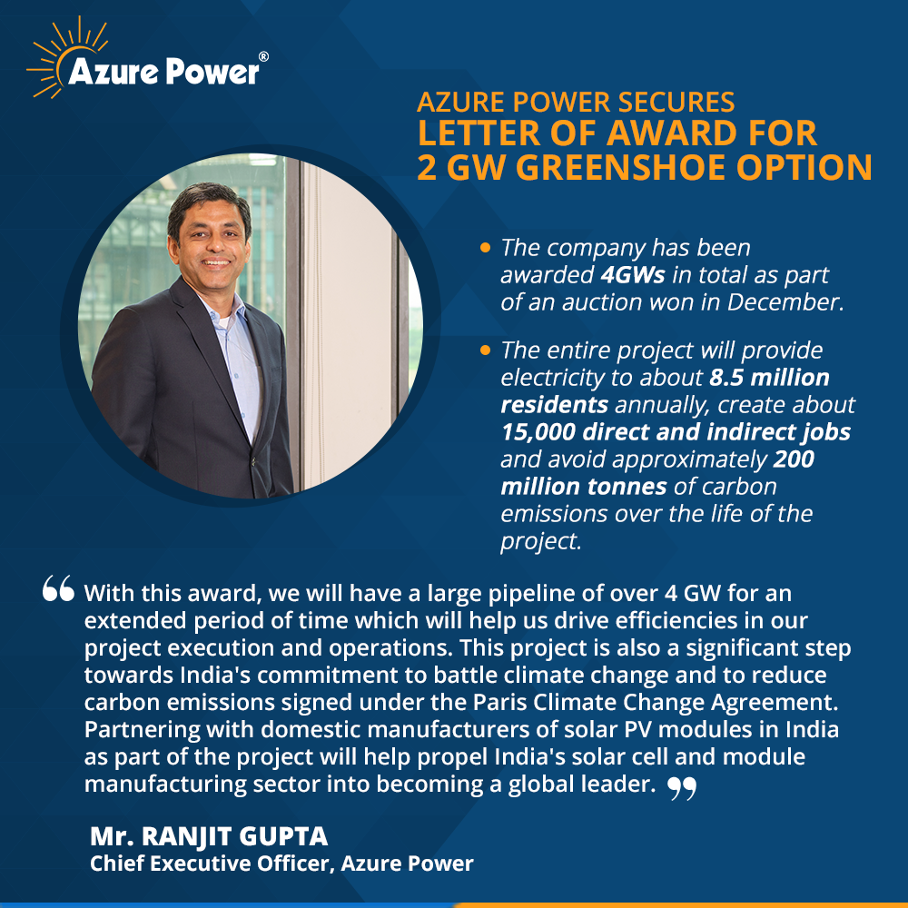 AzurePowerSolar's tweet photo. We are pleased to announce that we have received a Letter of Award for our 2 GW Project. With this opportunity, we endeavour to support India's battle against carbon emissions and #ClimateChange and create a #BrighterAzureWorld.
#SolarWorld

Read More: https://t.co/R1DIJPC5lh https://t.co/XeRPldbpXp