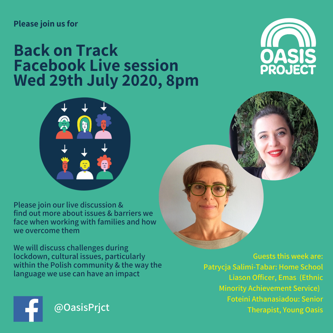Oasis_Project_'s tweet photo. Please join us on Wednesday over on Facebook as we chat to Foteini from Young Oasis and Patrycja from @BHCC_EMAS We will discuss overcoming barriers when working with families affected by parental drinking #brighton #backontrackbh #therapy #ealsupport https://t.co/wJQHJT2XLU