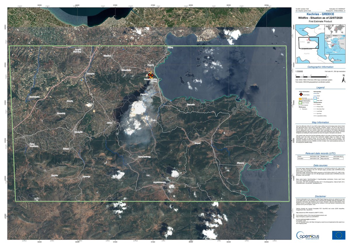 EU firefighters are battling a large #wildfire burning pine forests and agricultural land near homes in the region of Kechries, Corinthia, #Greece 🇬🇷
→ Our #RappidMapping is providing First Estimate, Delineation monitoring and Grading products #EMSR447
ow.ly/bOX350AGVBd