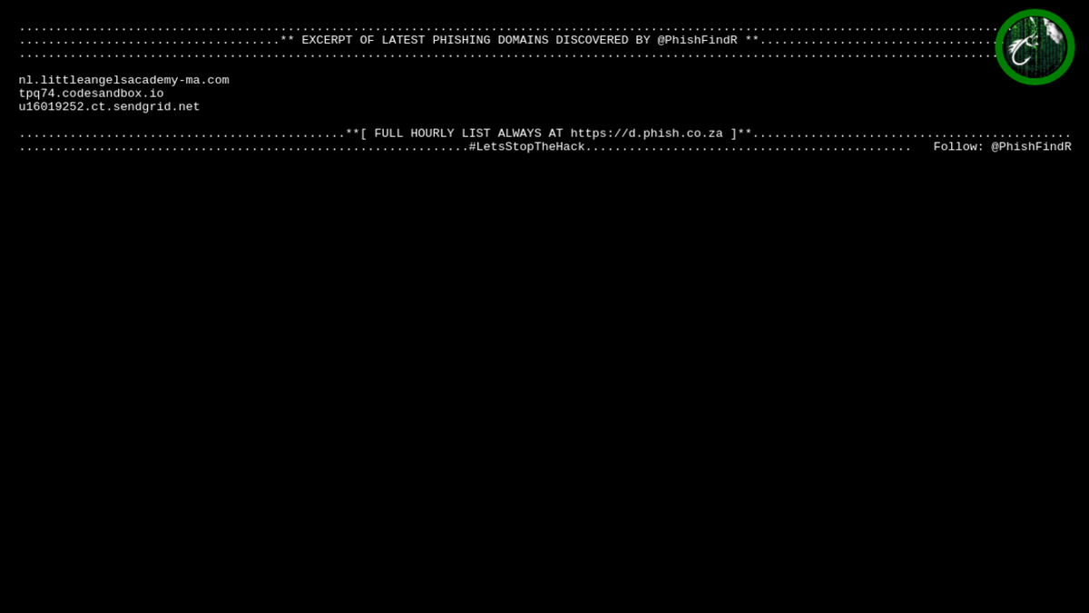 PhishFindR's tweet photo. 🎣 PhishFindR Found:
3 NEW #Phishing #Domains 🌐
@ 11:13:05 > https://t.co/D0bPPArRxa

🌐 Found Today: 209 > https://t.co/D0bPPArRxa
2020-07-24 🦈

#cybersec #cybersecurity #infosec #malware #dataviz #datamunching https://t.co/MyZ97xZix8