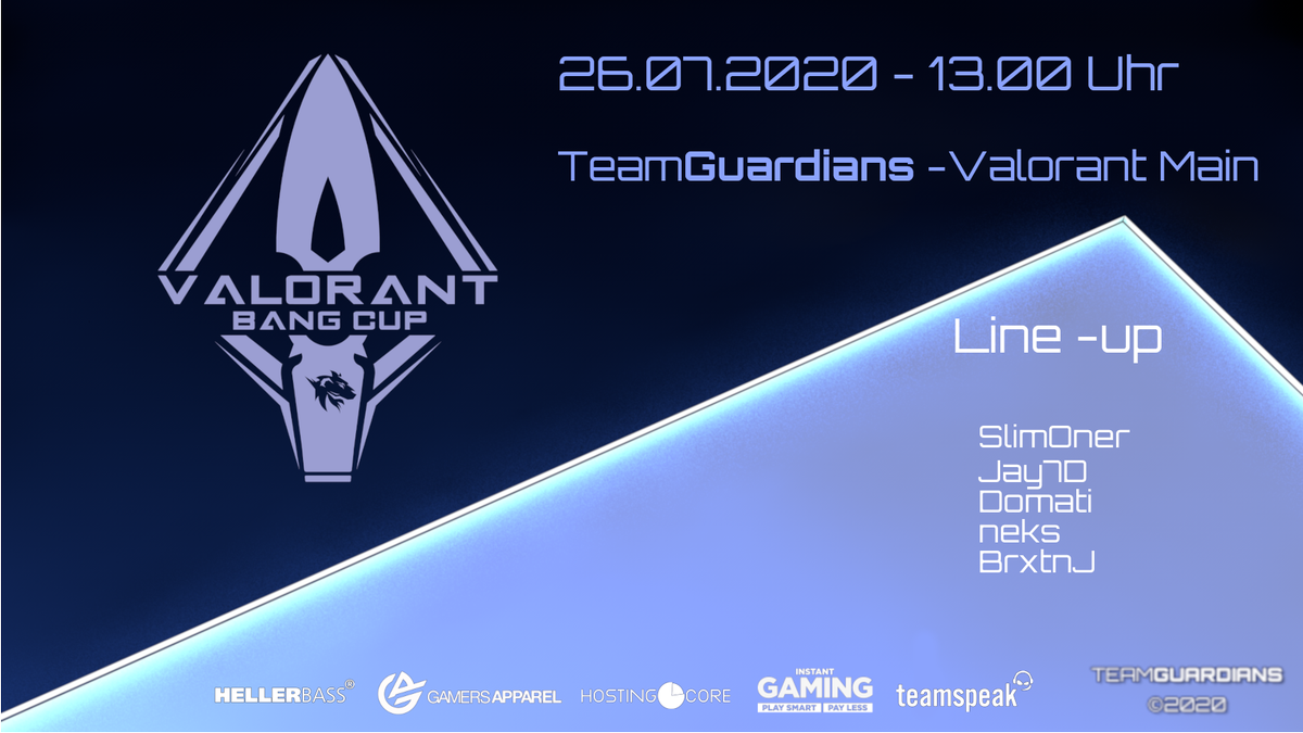 Nicht Vergessen! Am Wochende startet der Valorant BANG CUP 🥳 
Alle Einschalten❗️
<a href="/SlimOner_/">SlimOner</a> @Jay7dT @NeksiNeks @BrxtnJ_ <a href="/GamersApparel/">Gamers Apparel</a> <a href="/HostingCoreDE/">HostingCore</a> <a href="/InstantGamingDE/">Instant Gaming</a> <a href="/teamspeak/">TeamSpeak</a> 
#VALORANT #Valorant #TwitchDE #twitch #twitchtv #TeamGuardians #valorantbangcup
