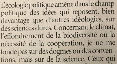 Bref, commencer par ça, c'est pas terrible.Il enchaîne ensuite sur un "mes idées politiques ne sont pas basées sur des dogmes, mais sur de la science".