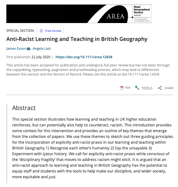 New in Area 'Anti‐Racist Learning and Teaching in British Geography' by James Esson & @angelalast. 

This is the introduction to a Special section on the same theme. 

Free to access for all: doi.org/10.1111/area.1…