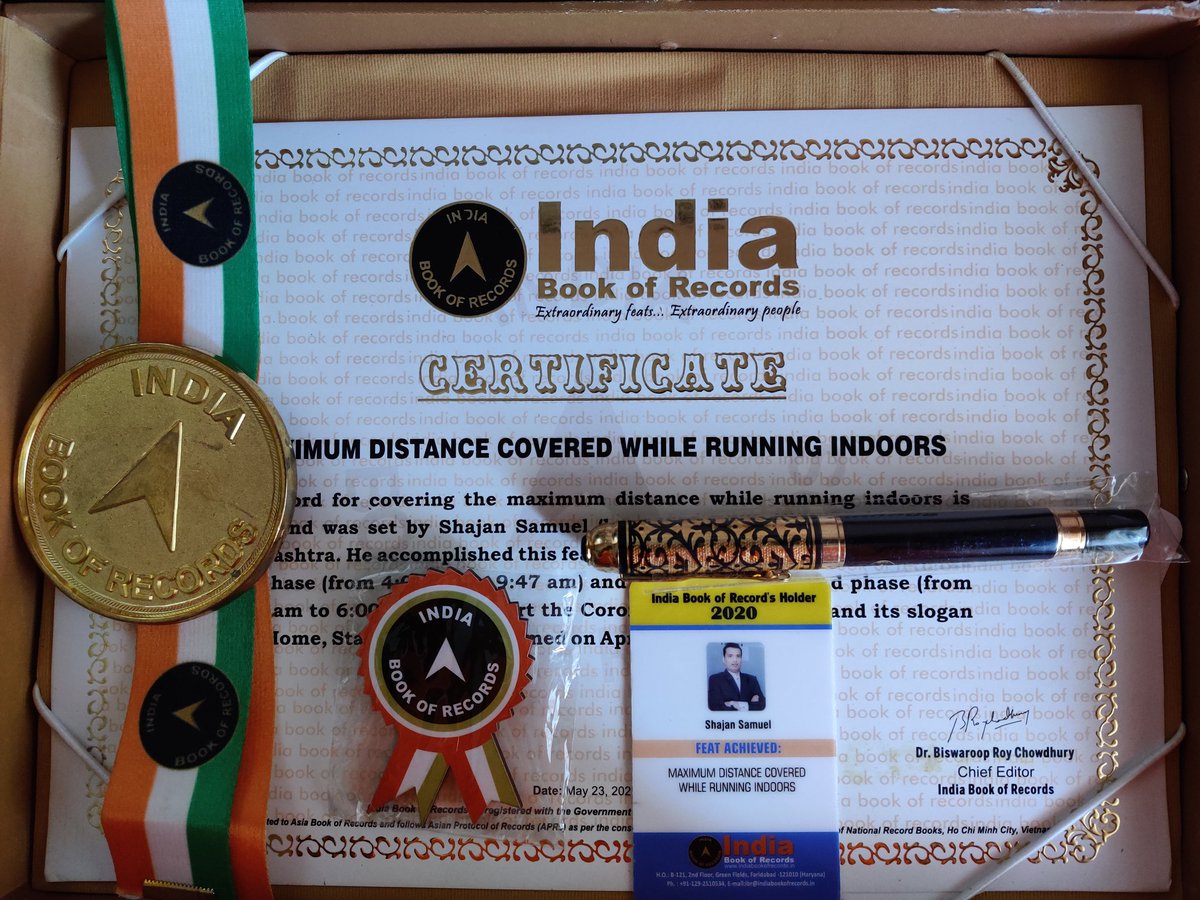 IamShajanSamuel's tweet photo. Finally recieved my certificate for maximum distance run indoors during the lockdown period. I ran #650kms in 29 day's at an average of 22.4 KM's per day. Roughly ( 65,000 loops *10 meters ) never thought this feat will make it to the India Book of Records.#indoorrunningrecord https://t.co/xem6udmPxP