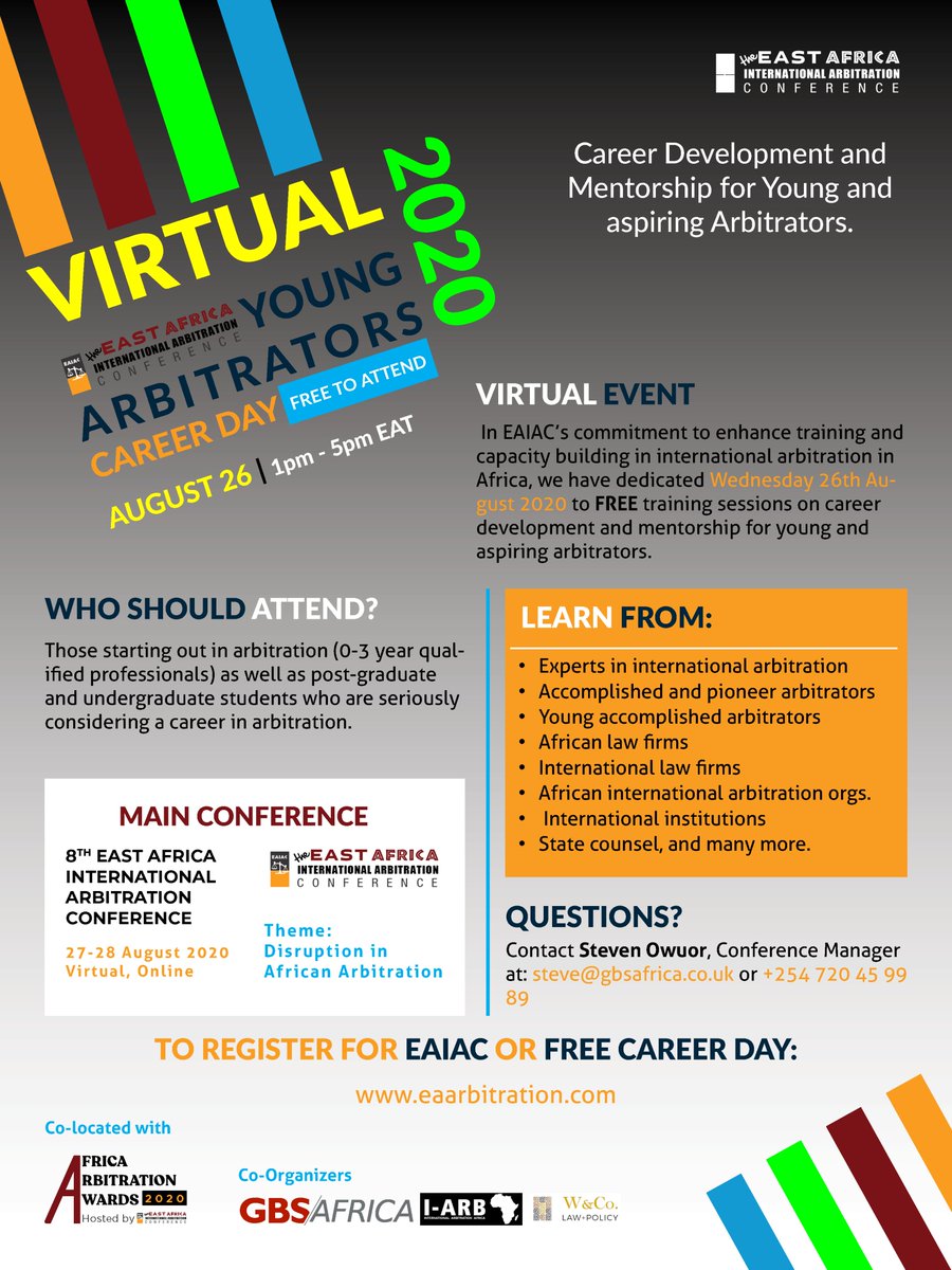 eaiac's tweet photo. In @eaiac commitment to enhance #training and #capacity building in international #arbitration in #Africa, we have dedicated Wednesday 26th Aug to FREE training sessions on career development and mentorship for young and aspiring arbitrators. To register: https://t.co/Ngp5m2iT0f https://t.co/AbPv7bt2OR