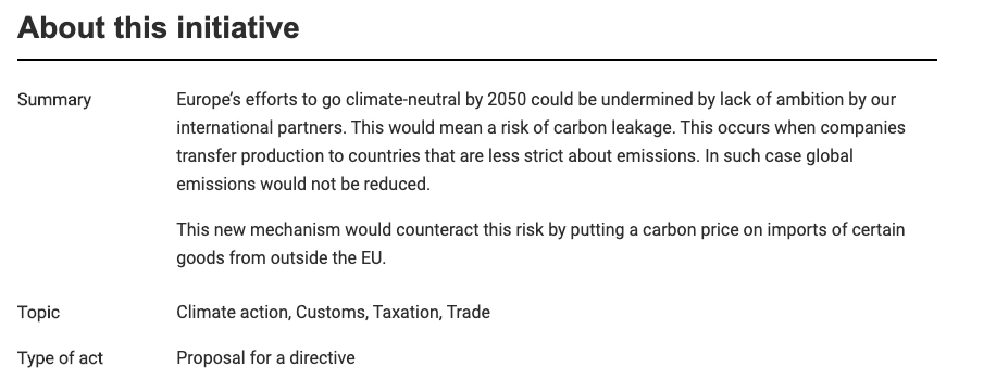 EU govts agreed a covid recovery deal this week inc plans "with a view to" starting a carbon border tax from 2023.Details are thin & nothing yet final, but European Commission is consulting on the idea.What does it say & why am I sceptical?THREAD https://ec.europa.eu/info/law/better-regulation/have-your-say/initiatives/12228-Carbon-Border-Adjustment-Mechanism