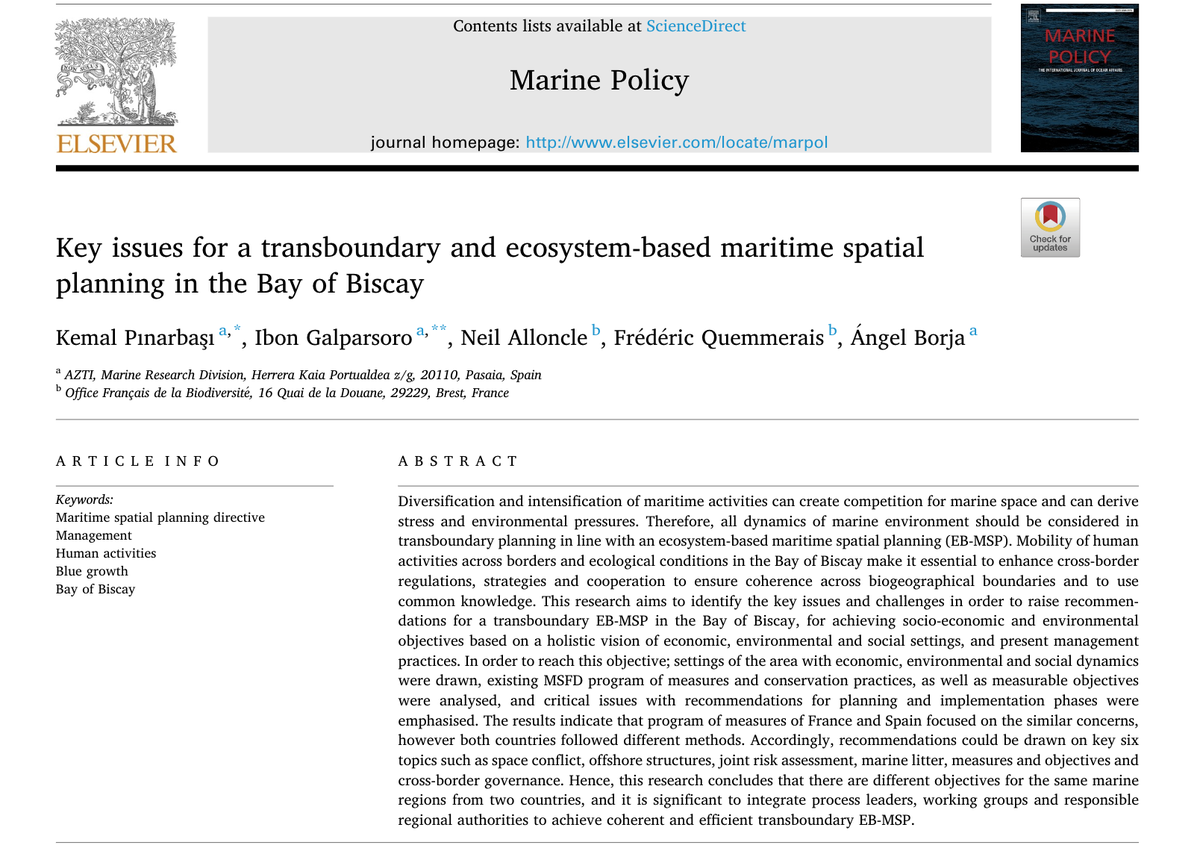 New #MSP paper published! 🥳🐳 Last paper of my thesis is published in #MarinePolicy: 'Key issues for a transboundary and ecosystem-based maritime spatial planning in the Bay of Biscay'. 

50 days' free access link: authors.elsevier.com/a/1bSRy,714Mgg…