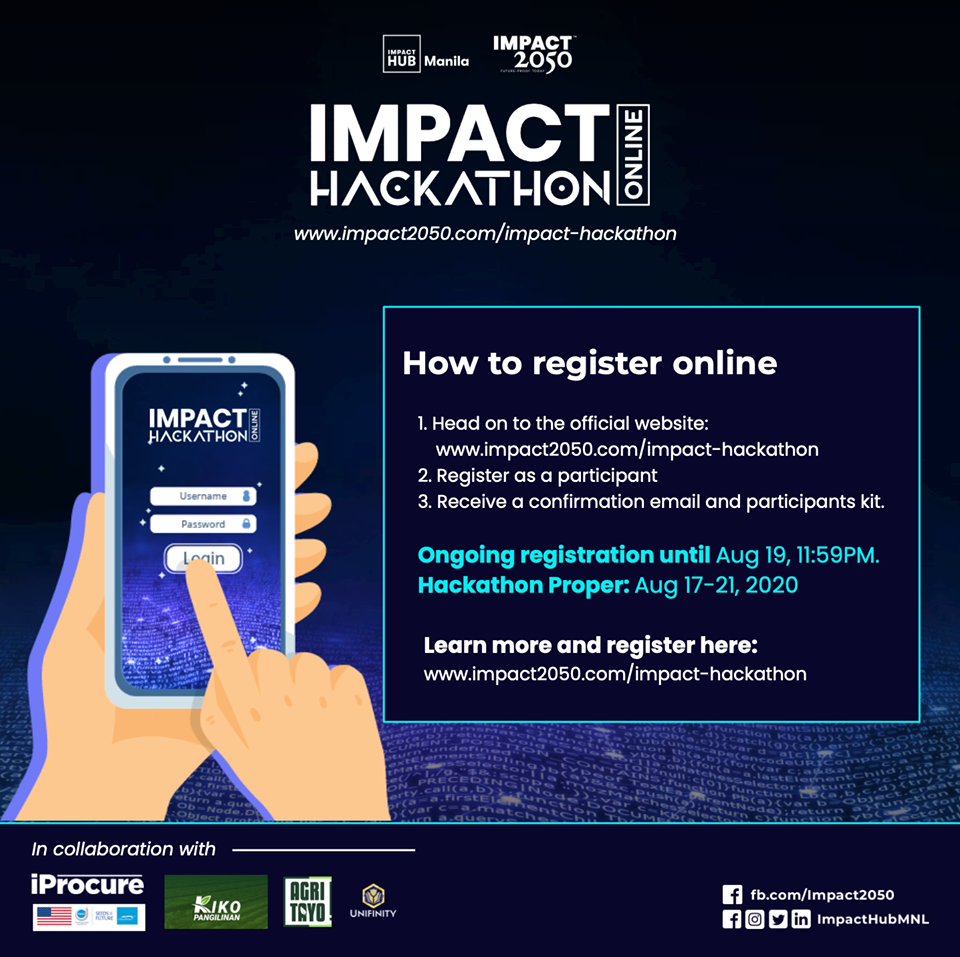 Impact Hackathon is back! And this time, working together with our community partners, we’re doing it online!

Learn more at impact2050.com/impact-hackath…

#ImpactHackathon #Impact2050 #ImpactHubManila #MakeImpactHappen #ImpactHackathonOnline #YESPhilippines #GENPhilippines #GENPH