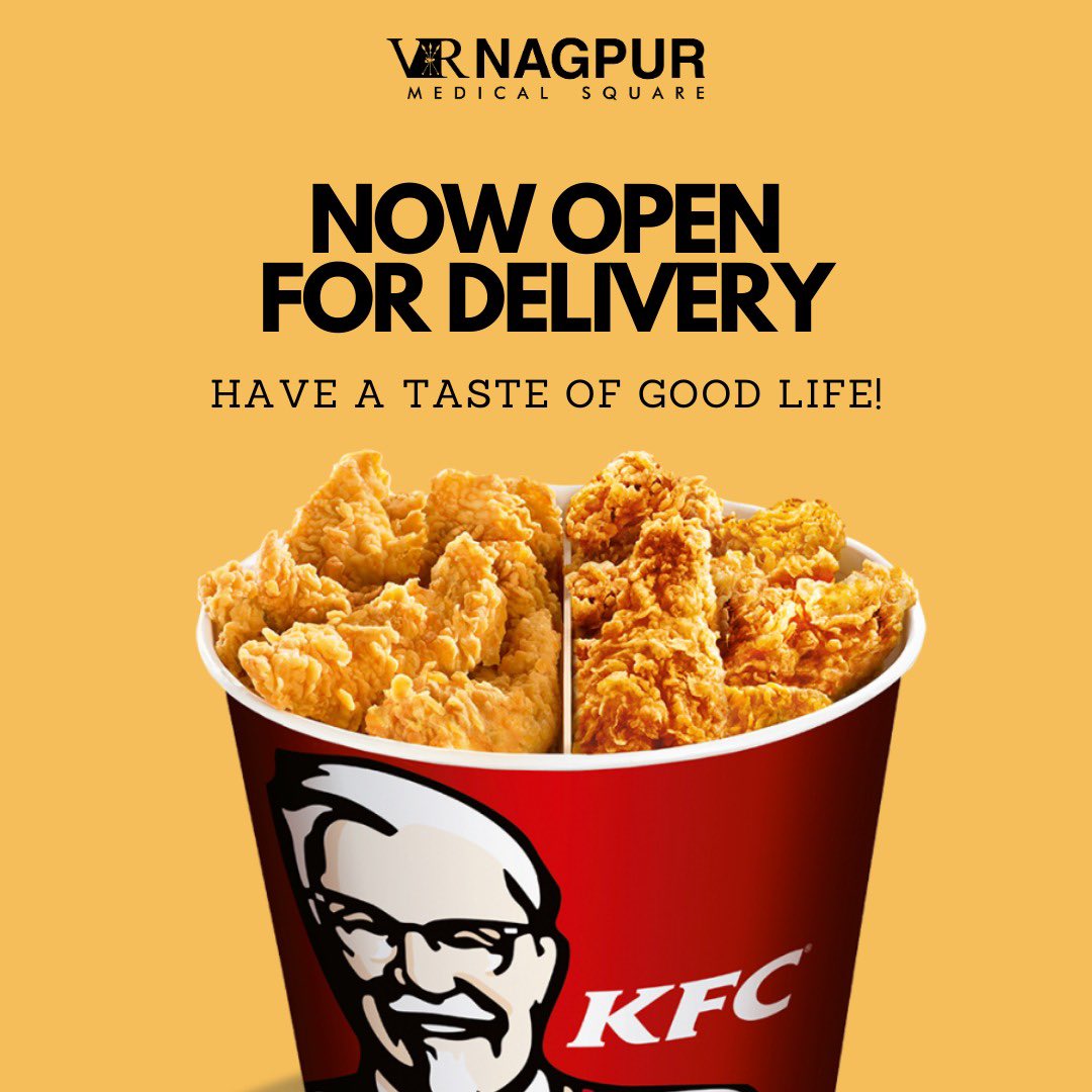 VR_Nagpur's tweet photo. Your favourite KFC, is now open for delivery! Order now to have a taste of good life!

#vrnagpur #food #shopping #lifestyle #kfc #foodbox #virtuousretail #connectingcommunities #taste #nagpur https://t.co/3NKCbAQUIP