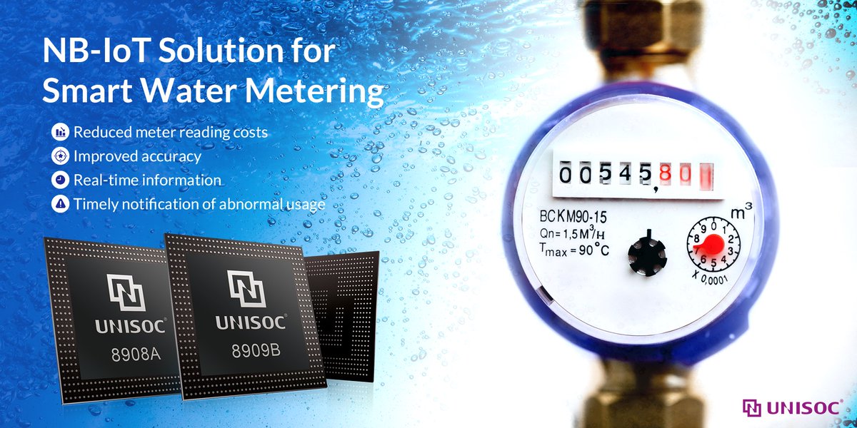 UNISOCTech's tweet photo. #UNISOC's NB-IoT solutions for smart water meters, #8908A and #8909B, integrate Bluetooth function to ensure that the smart water meter achieves a faster and more stable connection through the dual IoT channels of Bluetooth + NB-IoT.
#IoT #NBIoT #NBIoTSolution #SmartWaterMeter https://t.co/1J3YRlSale