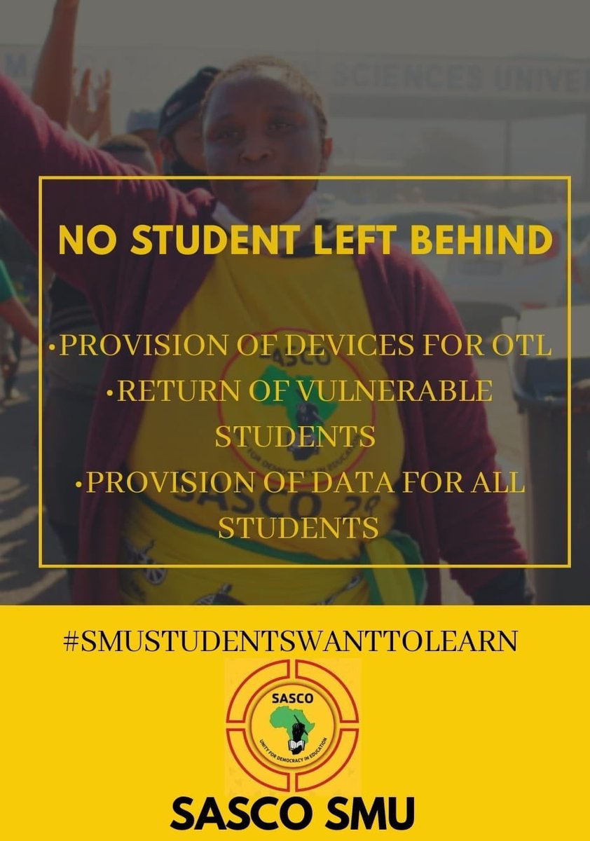 SascoSmu's tweet photo. #SMUStudentsWantToLearn
@SASCO_Jikelele
@SmuYcl
@SMU_SA
@DrZweliMkhize https://t.co/4nobhWhsjX