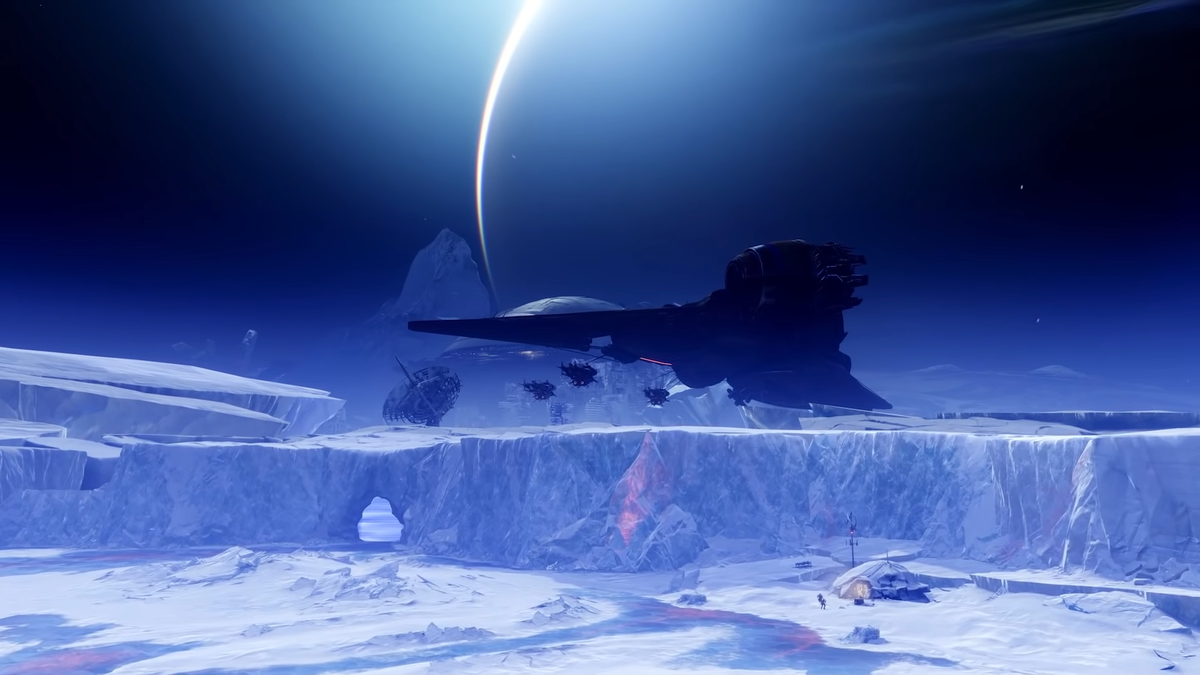 The scale here is UNREAL!Bottom Right we have the base camp from earlier and on the left is a satellite dish (same one?). Not only that we get to see a Fallen Ketch.. These things are MASSIVE! Like 1500 feet long! Also probably named Darkship Mimiks-Syn, or something similar.