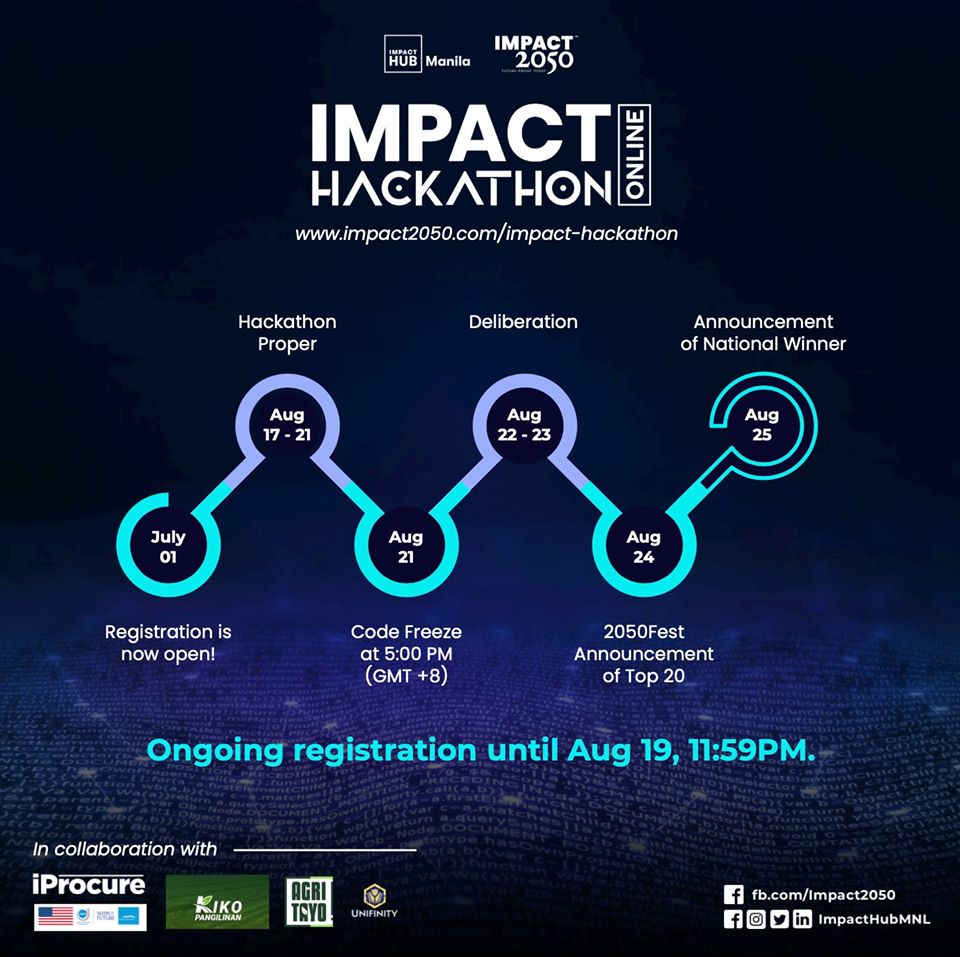 Here’s an overview of what you should expect in the next few weeks.

Head on to impact2050.com/impact-hackath… for more information and to register!

#Impact2050 #ImpactHubManila #ImpactHackathon #Impacthackathononline #makeimpacthappen