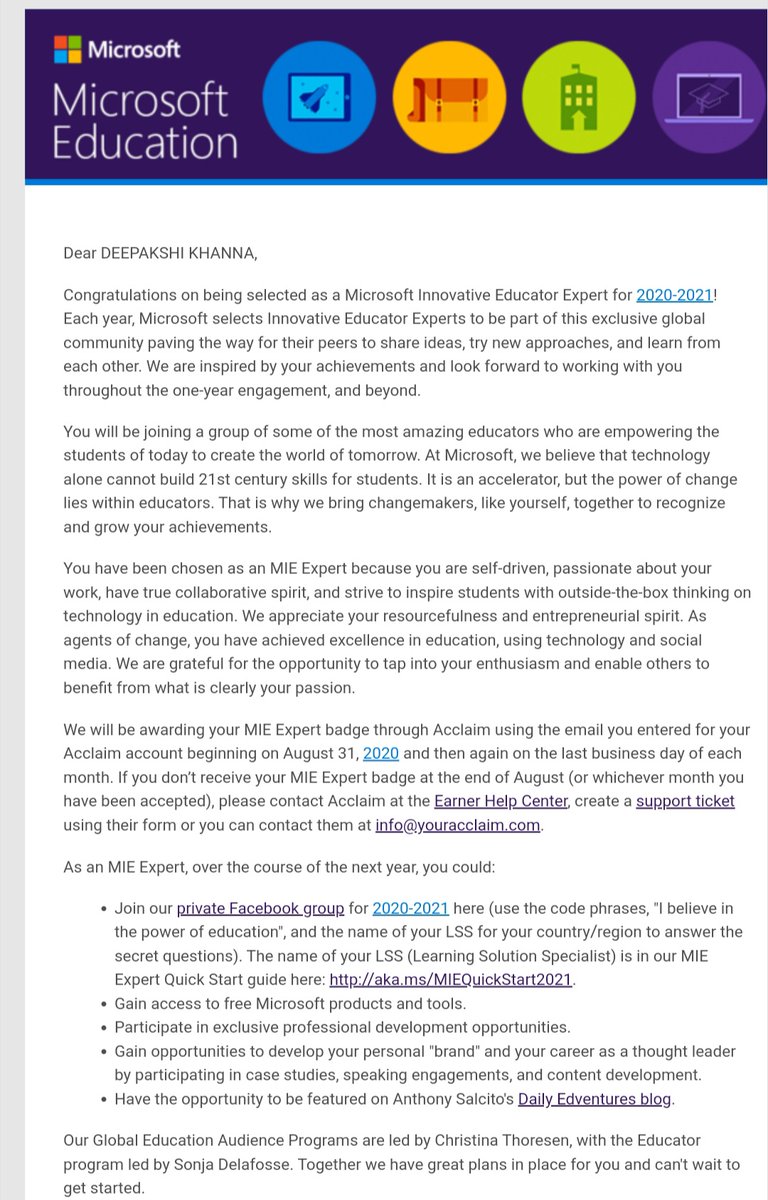 DeepakshiKhanna's tweet photo. Selected as MIE Expert for 2020-21, a great platform given to us. Thanks to our school's Principal @vividh87 for giving this opportunity...... Thank you @MicrosoftEDU, @Sum_Deewan and @BBPSMV also. With this, virtual learning has become effective, secure and innovative. https://t.co/FAcoqtMGHx