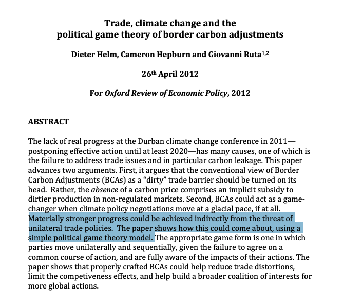 The idea of a border adjustment stems from sound economic theory and, some economists have long argued, game theory suggests it could generate political pressure to expand and raise climate ambition globallySee this 2012 paper making the case: https://www.cccep.ac.uk/wp-content/uploads/2015/10/Trade-climate-change-game-theory-border-carbon-adjustments.pdf