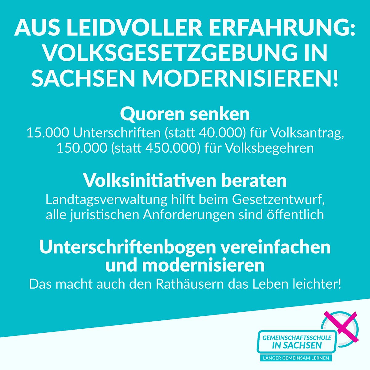 Der #saxlt hat den #Volksantrag nur mit hohen Hürden für #Gemeinschaftsschulen angenommen. Jetzt 450.000 Unterschriften für einen #Volksentscheid zu sammeln ist ehrenamtlich nicht leistbar. #Sachsen muss mehr #Volksgesetzgebung wagen bit.ly/39qwE7k #längergemeinsamlernen