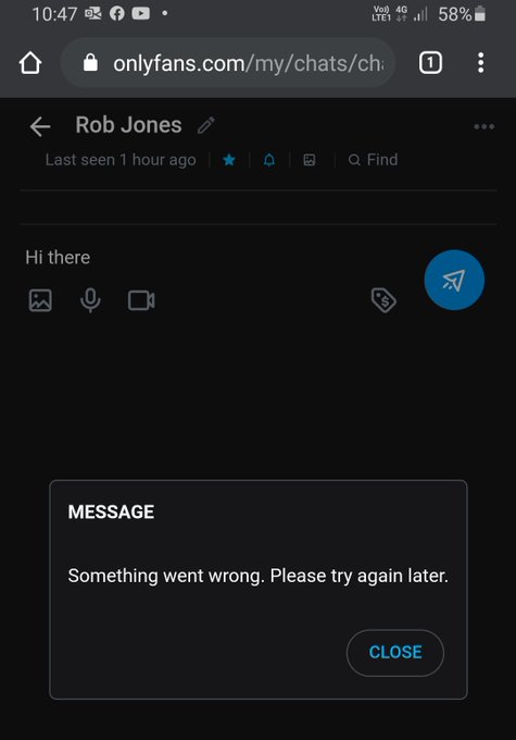 I keep trying to reply to messages on onlyfans, but get a 'something went wrong, try again later'  message<a href="/tag/nft"class="tags"><span>#nft</span></a><a href="/tag/digitalcollectibles"class="tags"><span>#digitalcollectibles</span></a>