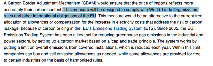 There are three problems:1) compliance with WTO rules2) politics at home and abroad3) technical implementation challengeThe EC consultation says it will design the measure to comply with (1).But let's take a closer look at (1)-(3) in turn. https://ec.europa.eu/info/law/better-regulation/have-your-say/initiatives/12228-Carbon-Border-Adjustment-Mechanism