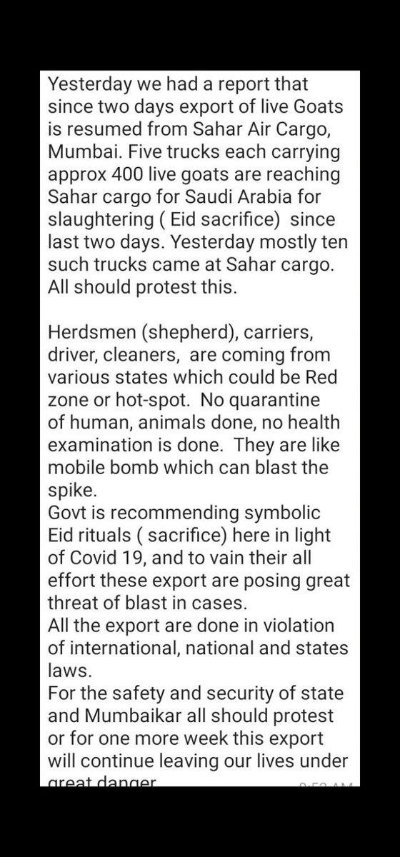 rohanashitshah's tweet photo. The entire efforts of the center and the state shall go in vain if such illegal transportation of live animals is allowed.
@PMOIndia @AmitShah @OfficeofUT @AUThackeray
@Manekagandhibjp
No quarantine, no tests, no healthy history
It's like active bomb which can blast any moment https://t.co/NFIarw4YRz
