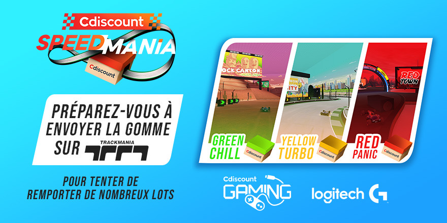 Cdiscount's tweet photo. 🎁 Participez au challenge #SpeedMania sur TrackMania du 24/07 au 31/07 ! 🏎️
🏁 Venez réaliser le meilleur chrono sur les circuits #GreenChill, #YellowTurbo et #RedPanic pour remporter de nombreux lots 🔥 https://t.co/5thXe13SmV