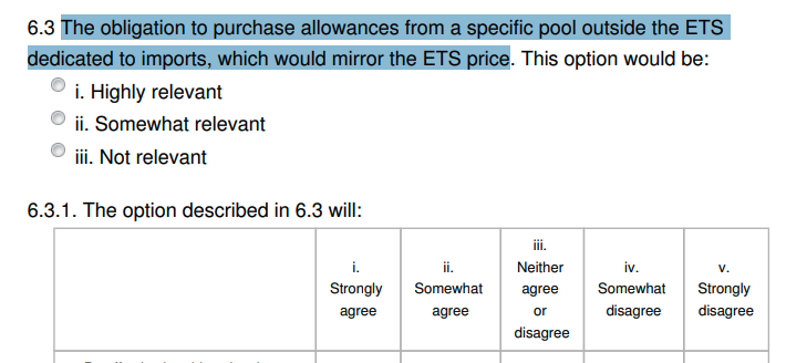 1) WTOThe consultation offers 4 options for a carbon border adjustment mechanismA) Tax on certain importsB) Importers must buy EUETS carbon creditsC) Importers must buy credits from a special poolD) EU-wide tax on certain goods (imported or not) https://ec.europa.eu/info/law/better-regulation/have-your-say/initiatives/12228-Carbon-Border-Adjustment-Mechanism