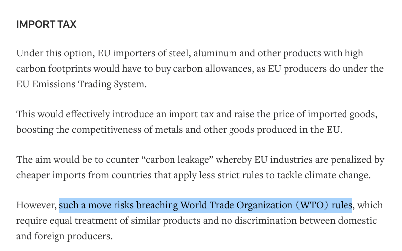 According to Reuters, option A runs the risk of breaching WTO rules……option D would be safer for WTO rules but confers tax-raising powers on the EU.That would be controversial.Options B/C require major EUETS reform. https://www.reuters.com/article/us-climate-change-eu-carbontax-explainer/explainer-what-an-eu-carbon-border-tax-might-look-like-and-who-would-be-hit-idUSKBN1YE1C4