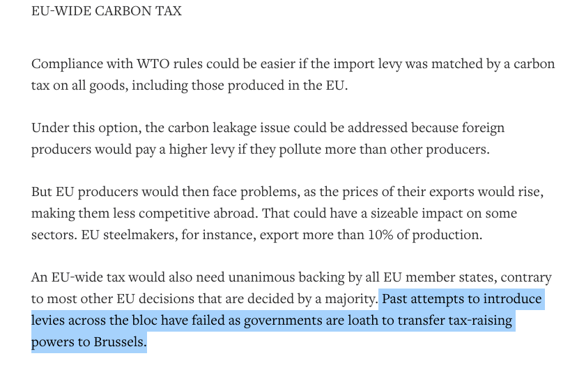 According to Reuters, option A runs the risk of breaching WTO rules……option D would be safer for WTO rules but confers tax-raising powers on the EU.That would be controversial.Options B/C require major EUETS reform. https://www.reuters.com/article/us-climate-change-eu-carbontax-explainer/explainer-what-an-eu-carbon-border-tax-might-look-like-and-who-would-be-hit-idUSKBN1YE1C4