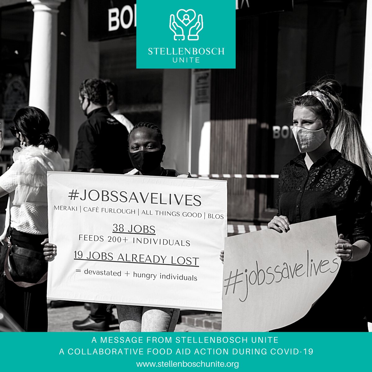#JobsSaveLives 38 Jobs feeding 200+ individuals.

19 Jobs have already been lost, leading to devastation and hunger. 

We need R230 000 per week to sustain our emergency food aid.  To donate now, visit stellenboschunite.org

<a href="/VisitStellies/">Visit Stellenbosch</a> <a href="/StellWineRoute/">Stellenbosch Wine Routes</a> <a href="/Eat_Out/">Eat Out</a>