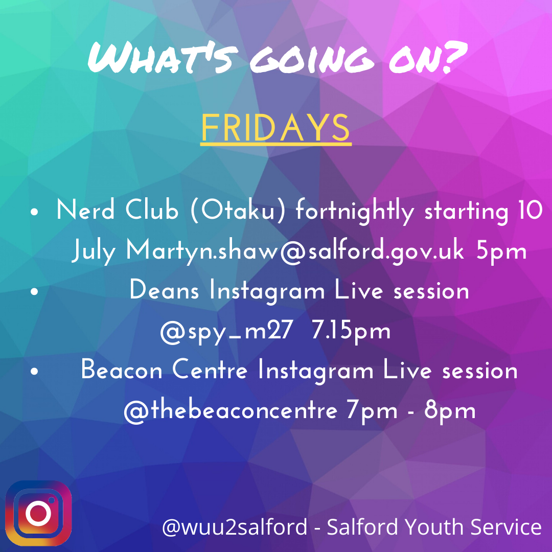 It's Friday and so much to do with #salfordyouthservice.
Something for everyone. (It's Nerd club tonight not music)  Why not signpost any young people you know to come along and get involved.