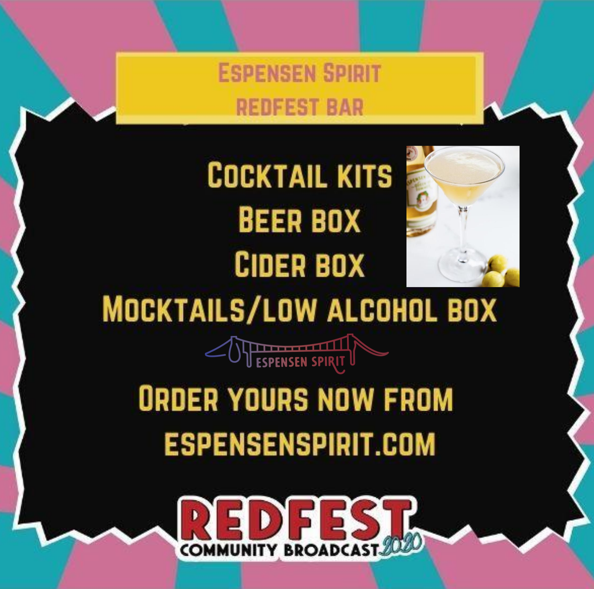 RedfestBristol's tweet photo. We're so proud that @EspensenSpirit will be the official Redfest Broadcast's bar this year! They've put together some at-home drinks kits to suit everyone! Each kit includes a £2 donation to our chosen charities.
Find out more: https://t.co/yKj3BEX9Vd #redfest20 https://t.co/CorVKH3gNG