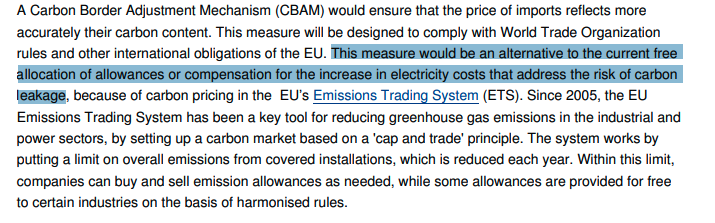 2) PoliticsNext big problem for an EU carbon border tax is domestic politics.If you use it to address carbon leakage, then you have to scrap existing anti-leakage schemes.This is made explicit in the EC consultation: https://ec.europa.eu/info/law/better-regulation/have-your-say/initiatives/12228-Carbon-Border-Adjustment-Mechanism