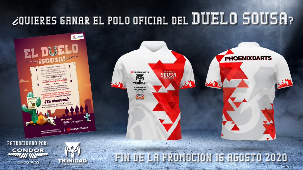 PhoenixDartEsp's tweet photo. ¡El Duelo Sousa! Puedes tener la oportunidad de jugar contra uno de los mejores jugadores del mundo, los finalistas se llevan un precioso polo exclusivo de "Finalista" y si ganas a Sousa en la final te llevas, además, 150 Euros. !!Participa!! https://t.co/21ygdbxdjJ