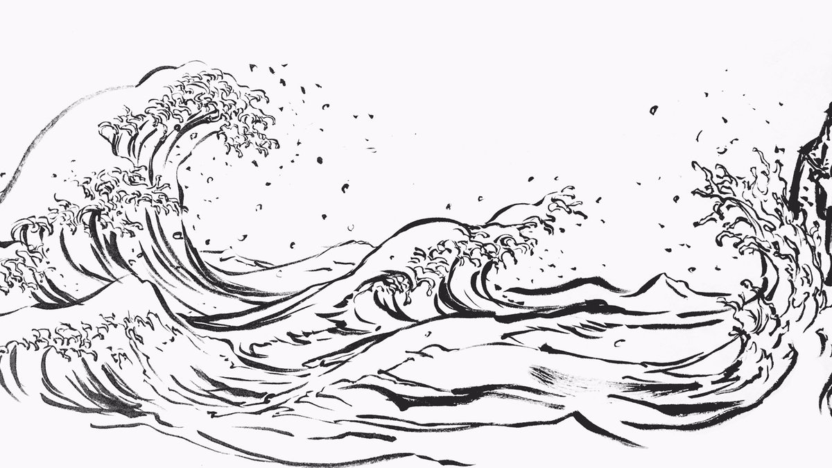 りくほ これは昨日が海の日だったよねというわけで描いた海の絵です 筆ペンです