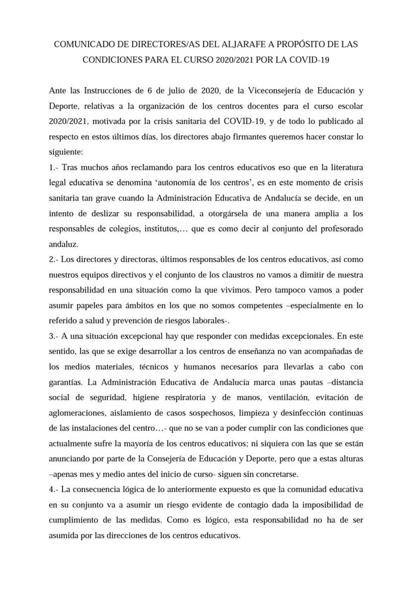 MaestroMallo's tweet photo. Las direcciones de 41 centros de primaria y secundaria del Aljarafe nos hemos unido para lanzar este comunicado.
Prepararemos la vuelta al cole, pero todos deben saber que no tenemos las herramientas para hacerlo de la mejor manera posible. https://t.co/arXtFI1pvK
