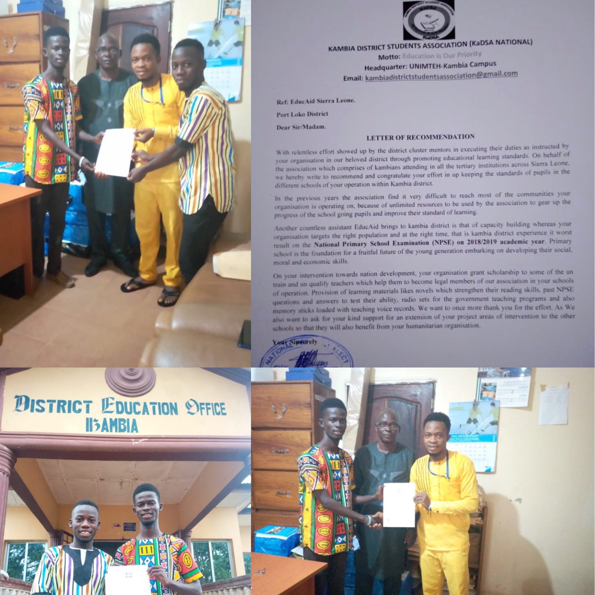 EducAidSL's tweet photo. #TeamEducAid #TeamKambia making us proud receiving a commendation letter @ the District #education office from the #Kambia District Students Association for their great work supporting #qualityeducation in the district this year @dsengeh @HCDI_DSTI @fulaniigirl @slimwilsona #EIC https://t.co/5RRcjWhmvR