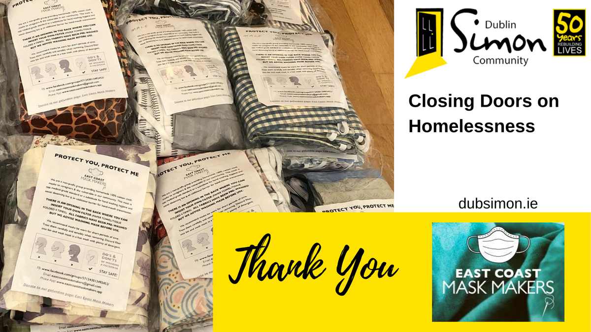 Dublin_Simon's tweet photo. We would like to say a massive thank you to @MaskEast for their generous donation of over 450 reusable cloth masks, which will be supplied to clients across our services. #ThankYou #SupportSimon https://t.co/G3B1h5OSqO
