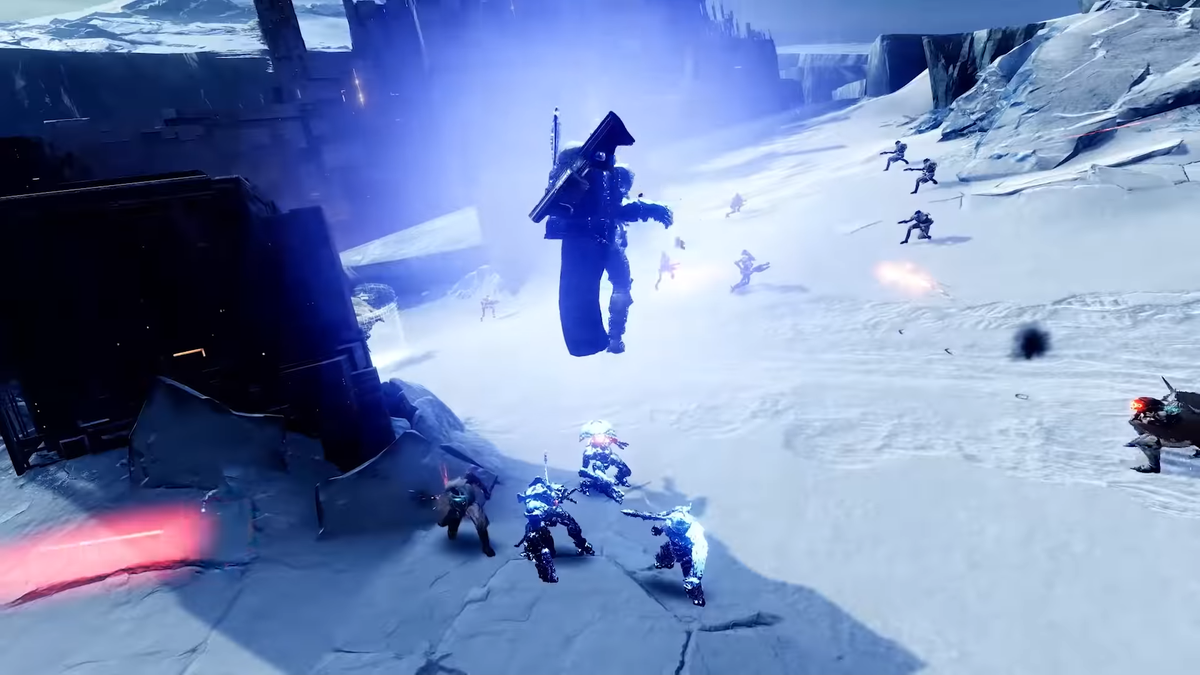 Vex and Fallen fighting each other in front of something? Perhaps a story mission, similar to the intro of Shadowkeep?