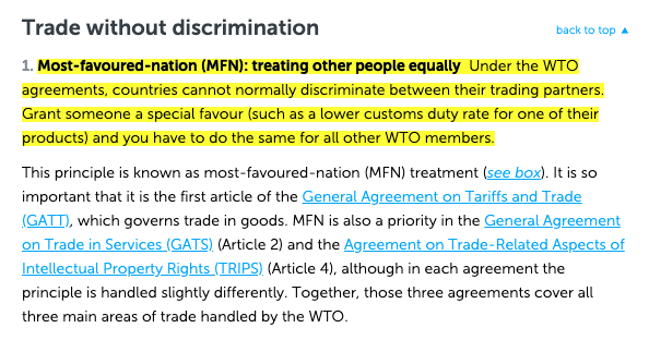 If idea is to get other countries to raise climate ambition / impose own carbon price, you'd want to exempt them from the border adjustment as reward……but that might reopen WTO trouble("most favour nation" etc) https://www.wto.org/english/thewto_e/whatis_e/tif_e/fact2_e.htm
